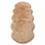 Faux fur sheepskin rug in white and yellow, shown flat from above in its natural pelt shape