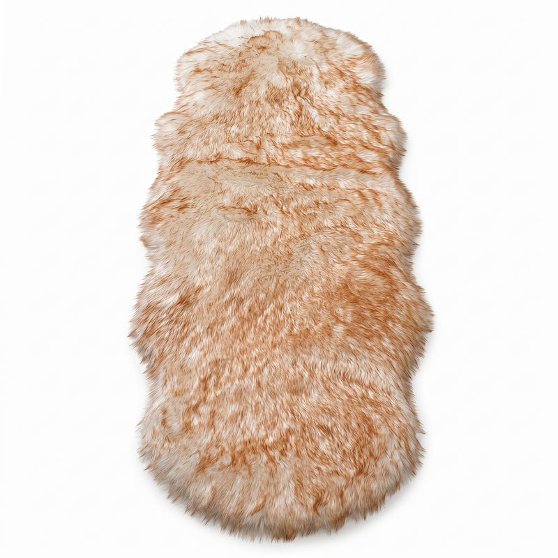Faux fur sheepskin rug in white and yellow, shown flat from above in its natural pelt shape