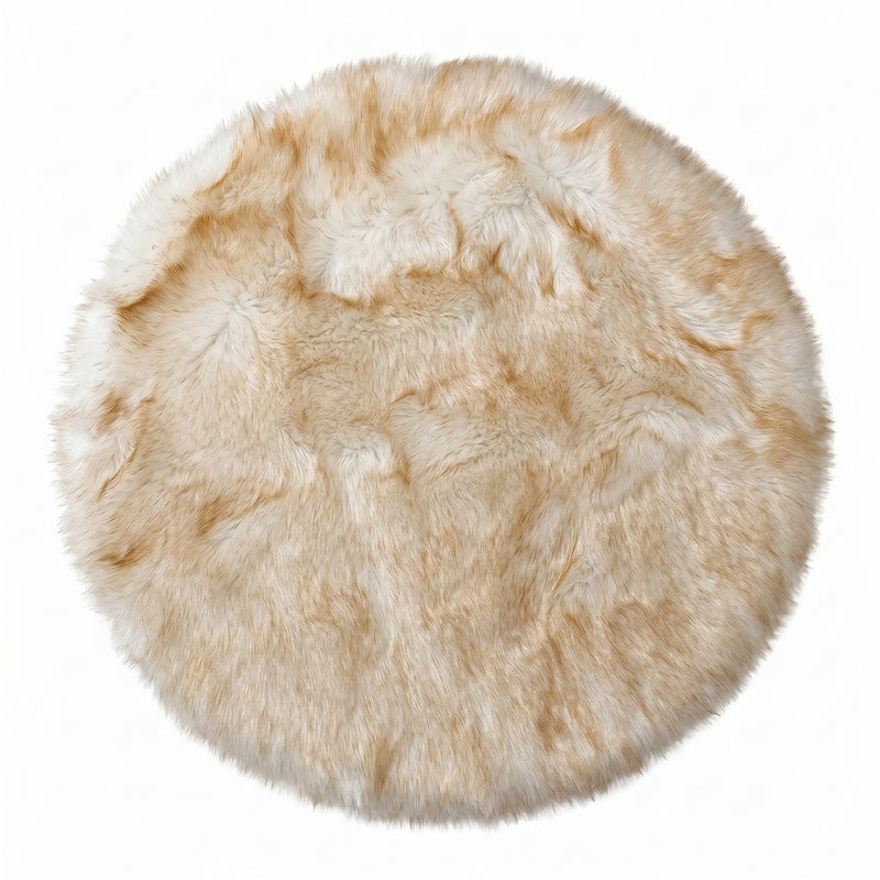 Faux fur sheepskin rug in white and yellow, shown flat from above in its natural pelt shape