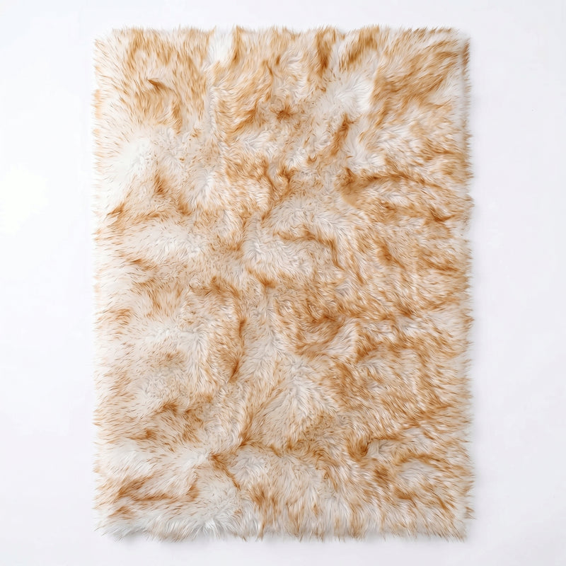 Faux fur sheepskin rug in white and yellow, shown flat from above in its natural pelt shape