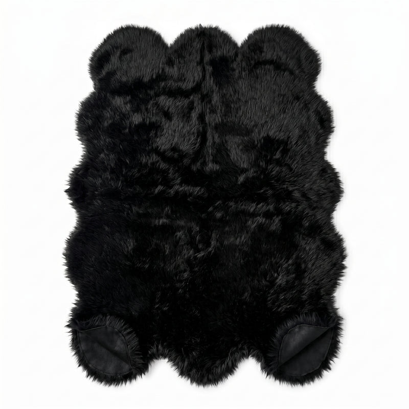 Faux fur sheepskin rug in white and yellow, shown flat from above in its natural pelt shape