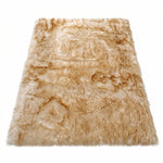 Faux fur sheepskin rug in white and yellow, shown flat from above in its natural pelt shape