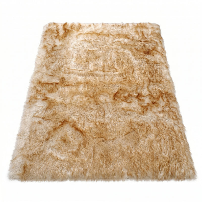 Faux fur sheepskin rug in white and yellow, shown flat from above in its natural pelt shape