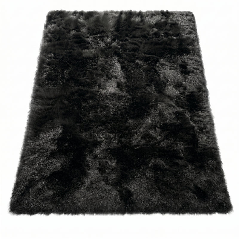 Faux fur sheepskin rug in white and yellow, shown flat from above in its natural pelt shape