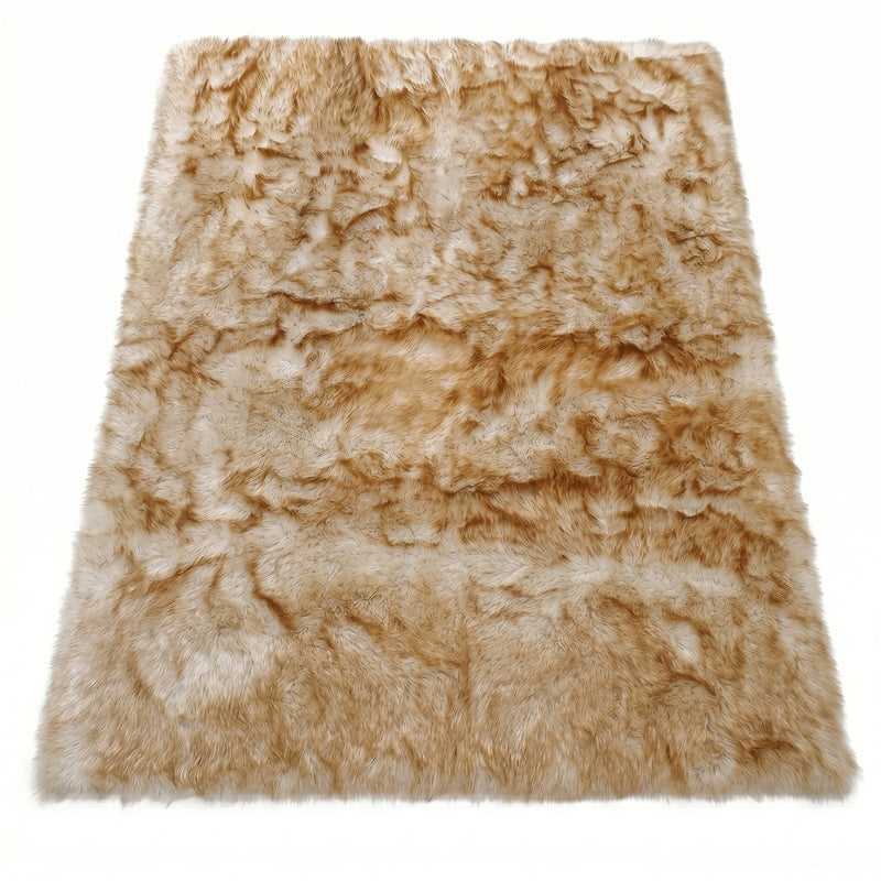 Faux fur sheepskin rug in white and yellow, shown flat from above in its natural pelt shape