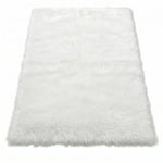 Faux fur sheepskin rug in white and yellow, shown flat from above in its natural pelt shape