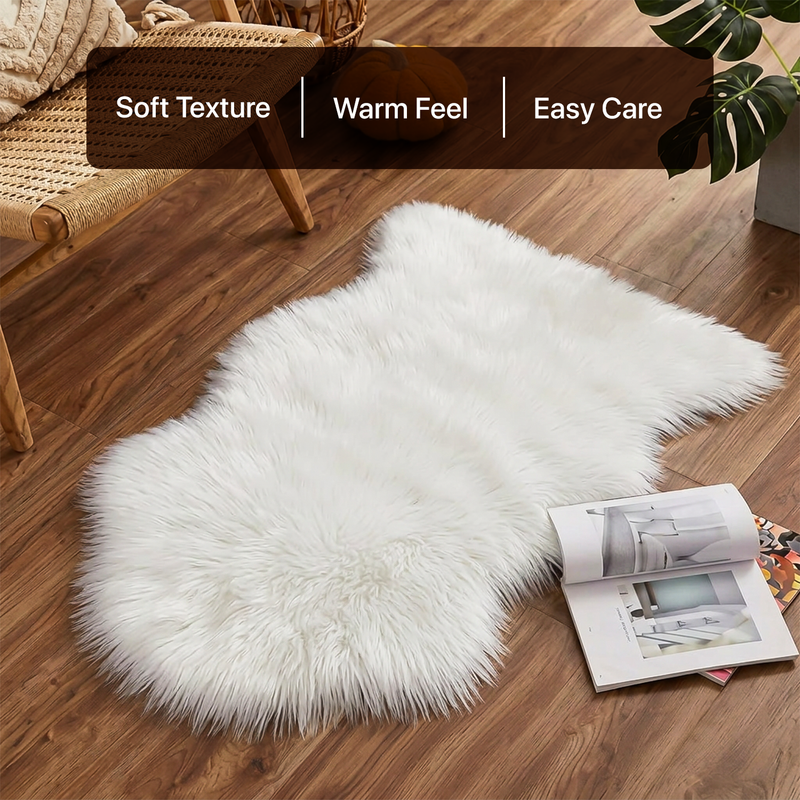 White fluffy faux sheepskin rug in bedroom beside bed — bedside rug placement