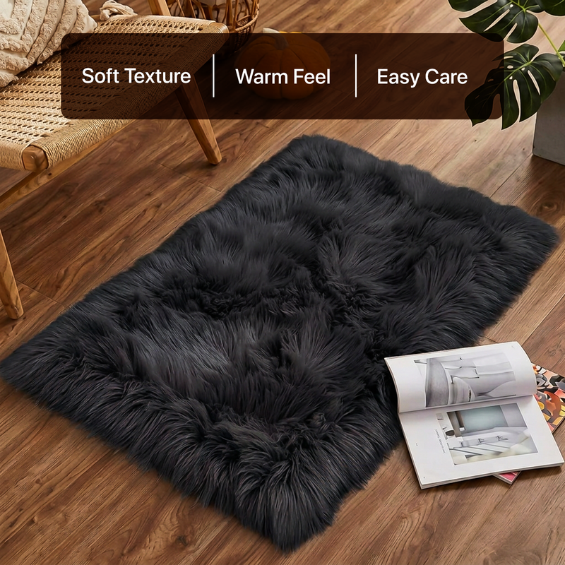 White fluffy faux sheepskin rug in bedroom beside bed — bedside rug placement