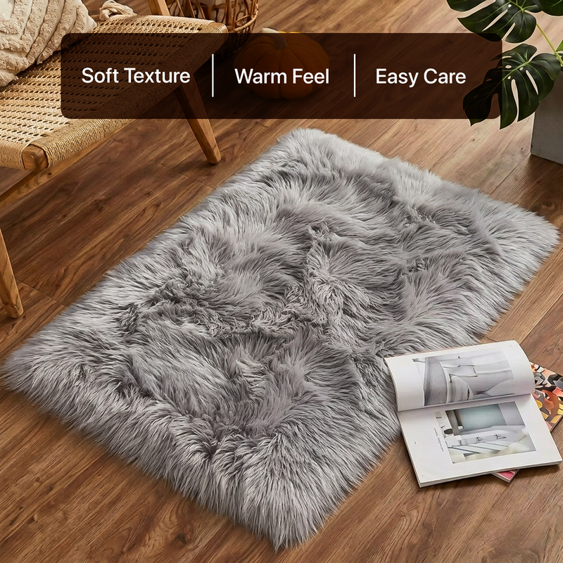 White fluffy faux sheepskin rug in bedroom beside bed — bedside rug placement