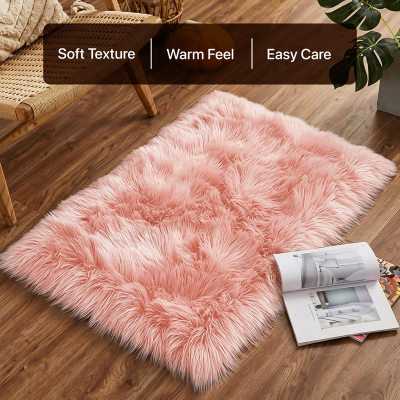 White fluffy faux sheepskin rug in bedroom beside bed — bedside rug placement