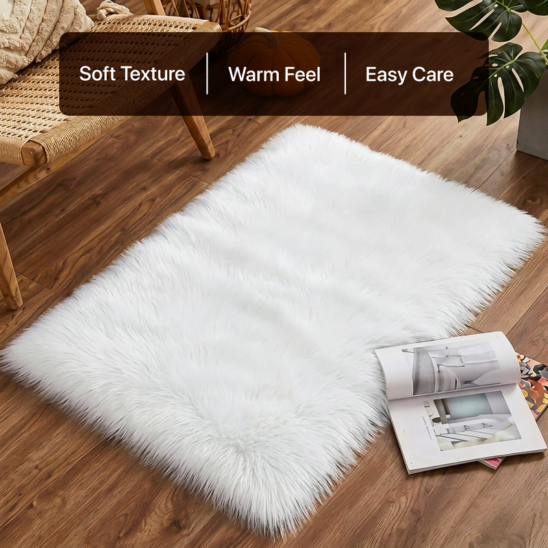 White fluffy faux sheepskin rug in bedroom beside bed — bedside rug placement