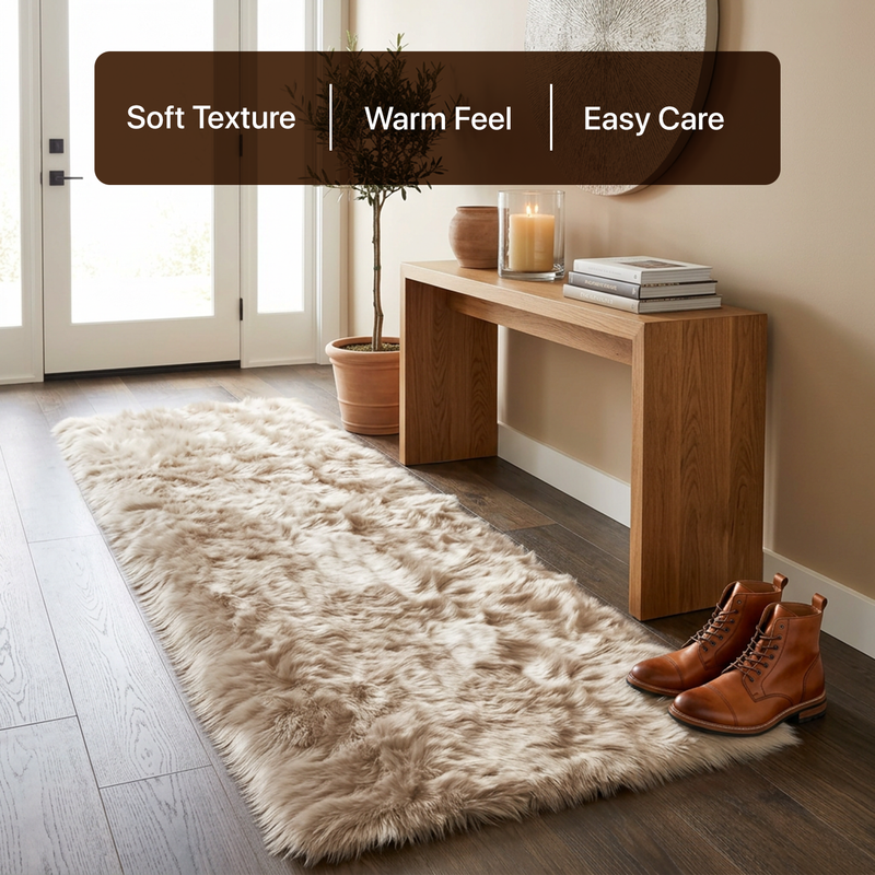 White fluffy faux sheepskin rug in bedroom beside bed — bedside rug placement