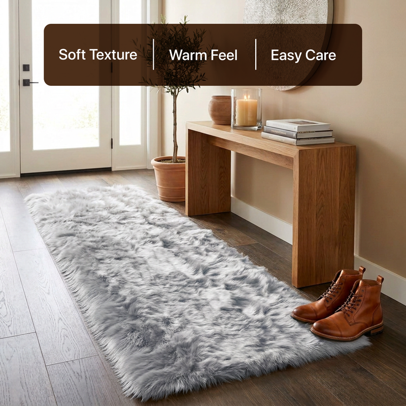 White fluffy faux sheepskin rug in bedroom beside bed — bedside rug placement