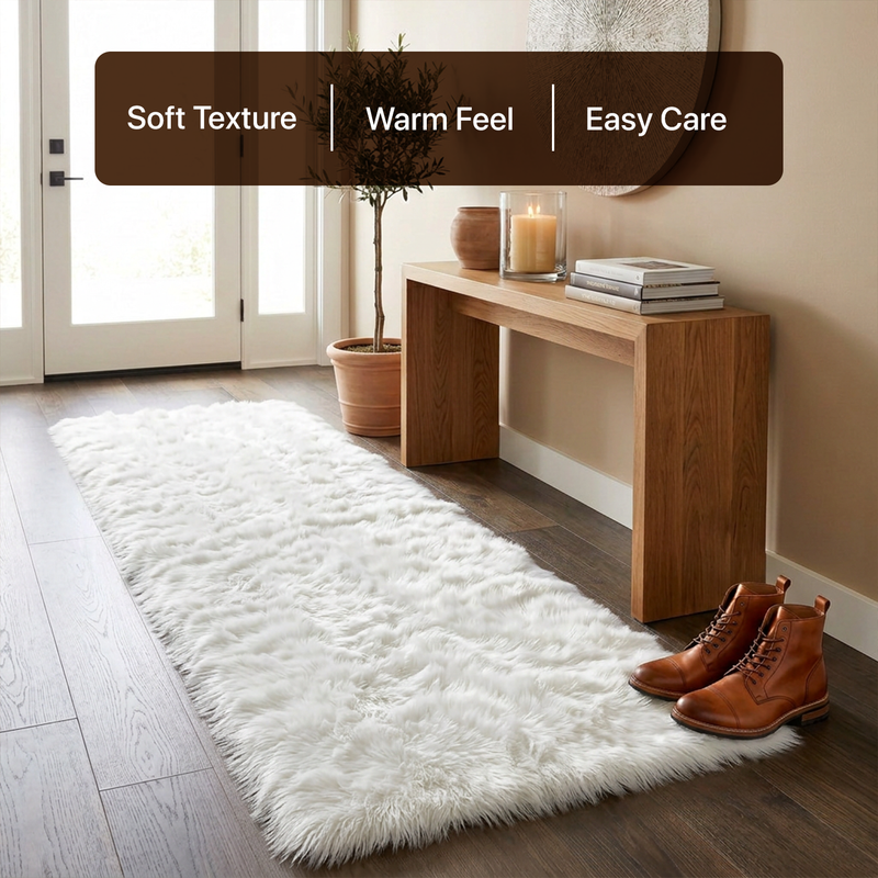 White fluffy faux sheepskin rug in bedroom beside bed — bedside rug placement