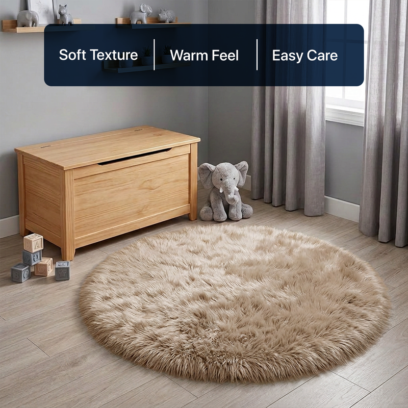 White fluffy faux sheepskin rug in bedroom beside bed — bedside rug placement