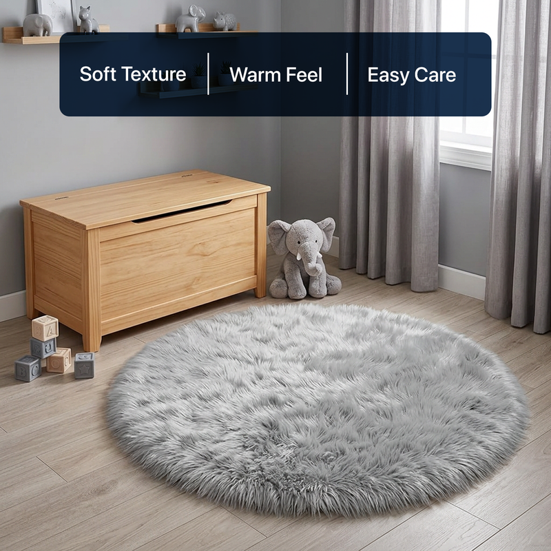 White fluffy faux sheepskin rug in bedroom beside bed — bedside rug placement