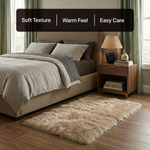 White fluffy faux sheepskin rug in bedroom beside bed — bedside rug placement