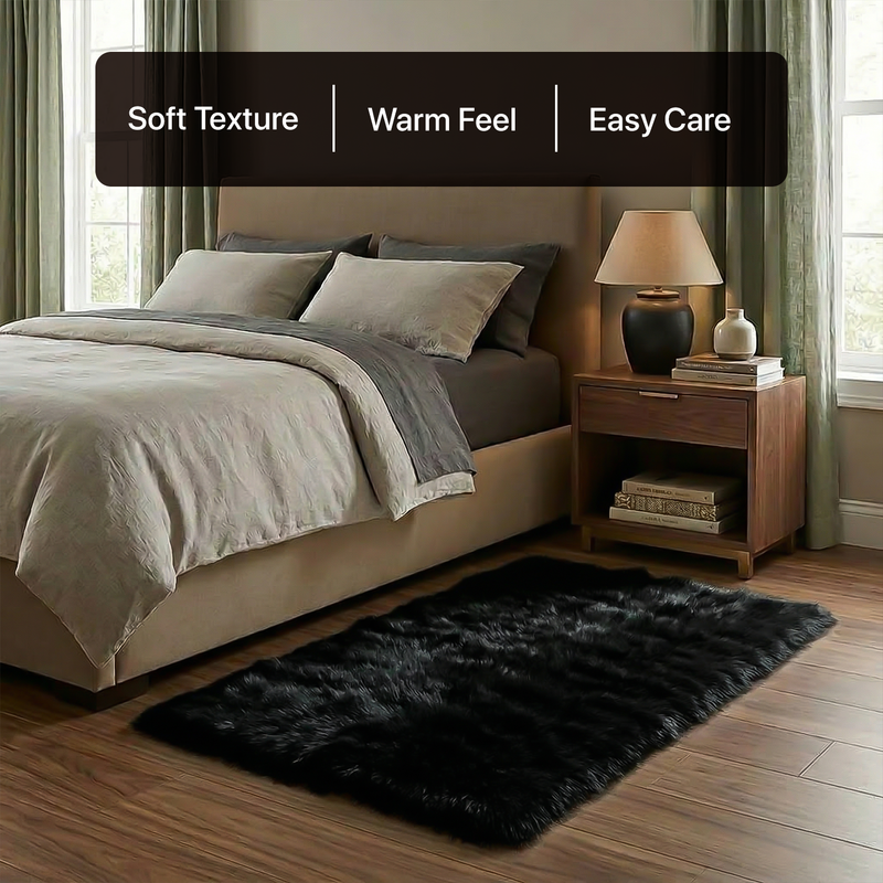 White fluffy faux sheepskin rug in bedroom beside bed — bedside rug placement