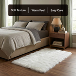 White fluffy faux sheepskin rug in bedroom beside bed — bedside rug placement