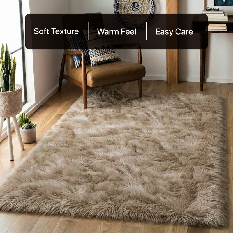 White fluffy faux sheepskin rug in bedroom beside bed — bedside rug placement