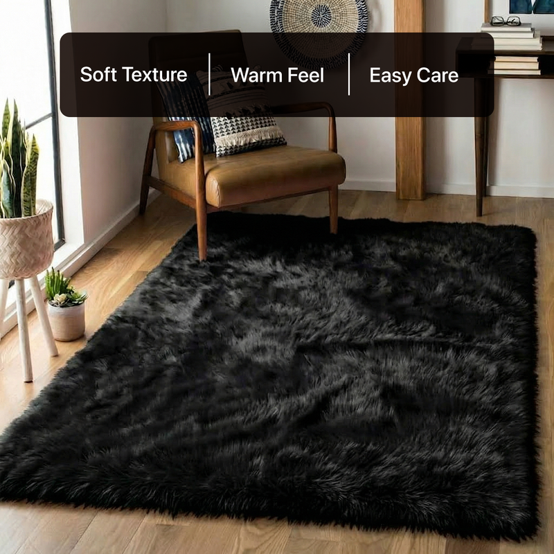 White fluffy faux sheepskin rug in bedroom beside bed — bedside rug placement