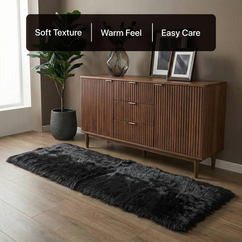White fluffy faux sheepskin rug in bedroom beside bed — bedside rug placement