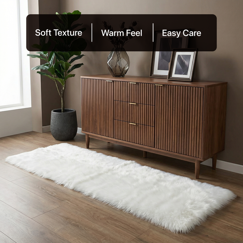White fluffy faux sheepskin rug in bedroom beside bed — bedside rug placement