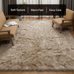 White fluffy faux sheepskin rug in bedroom beside bed — bedside rug placement