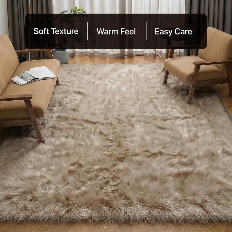 White fluffy faux sheepskin rug in bedroom beside bed — bedside rug placement