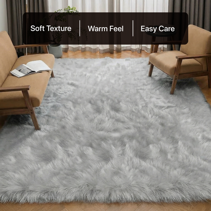 White fluffy faux sheepskin rug in bedroom beside bed — bedside rug placement