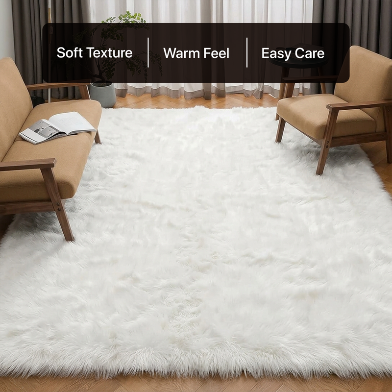 White fluffy faux sheepskin rug in bedroom beside bed — bedside rug placement