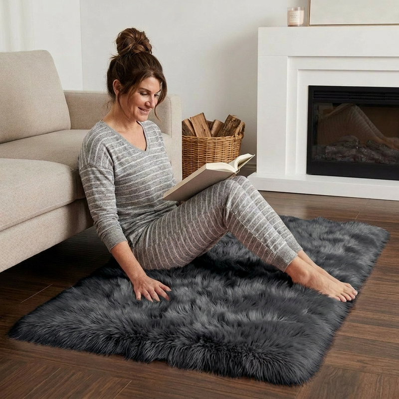 Ultra-soft faux sheepskin area rug in white placed in living room beside armchair
