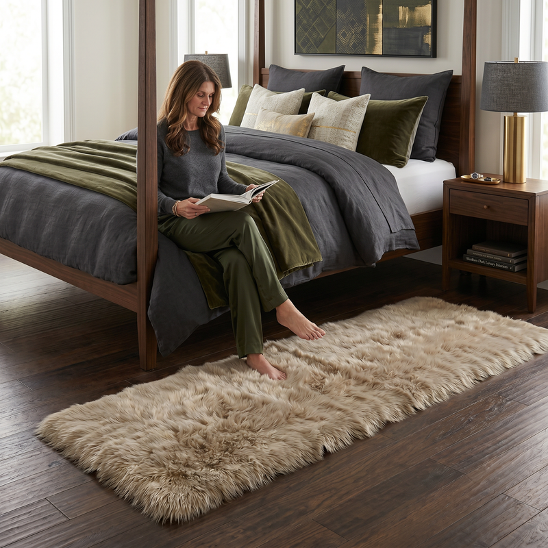 Ultra-soft faux sheepskin area rug in white placed in living room beside armchair