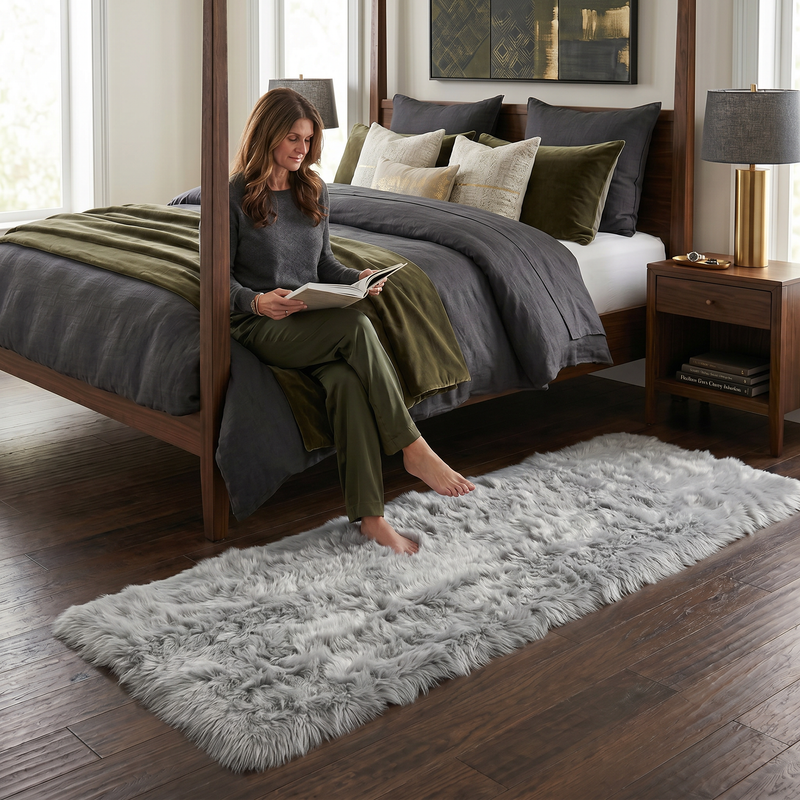 Ultra-soft faux sheepskin area rug in white placed in living room beside armchair