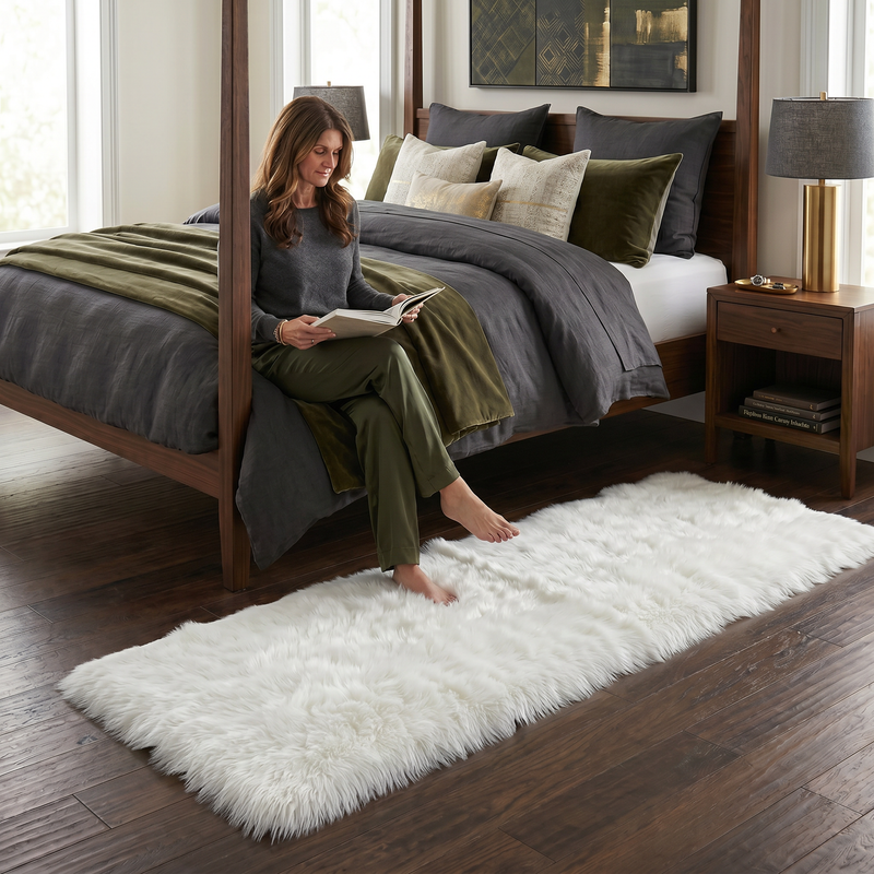 Ultra-soft faux sheepskin area rug in white placed in living room beside armchair