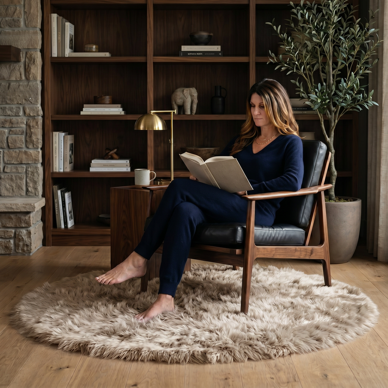 Ultra-soft faux sheepskin area rug in white placed in living room beside armchair