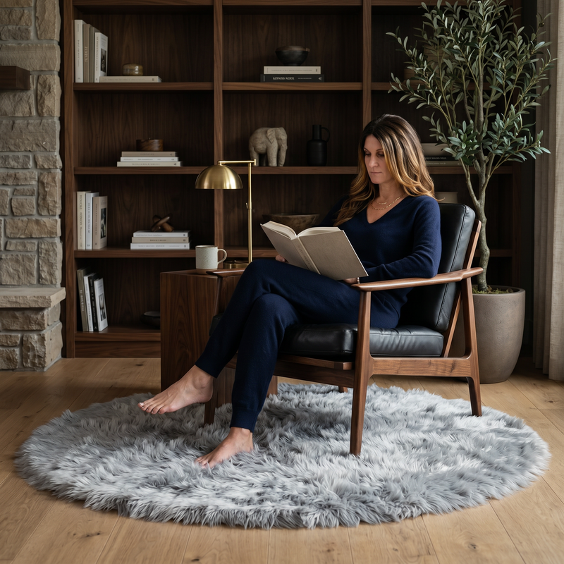 Ultra-soft faux sheepskin area rug in white placed in living room beside armchair