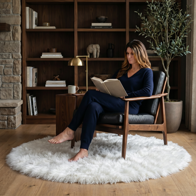 Ultra-soft faux sheepskin area rug in white placed in living room beside armchair