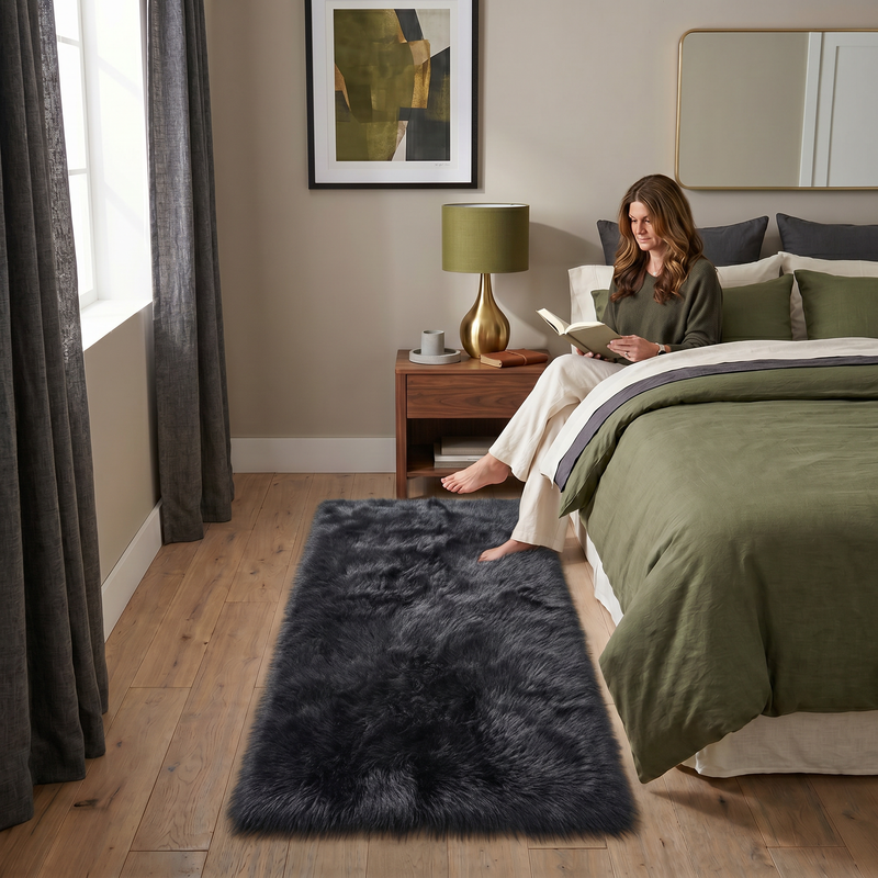Ultra-soft faux sheepskin area rug in white placed in living room beside armchair