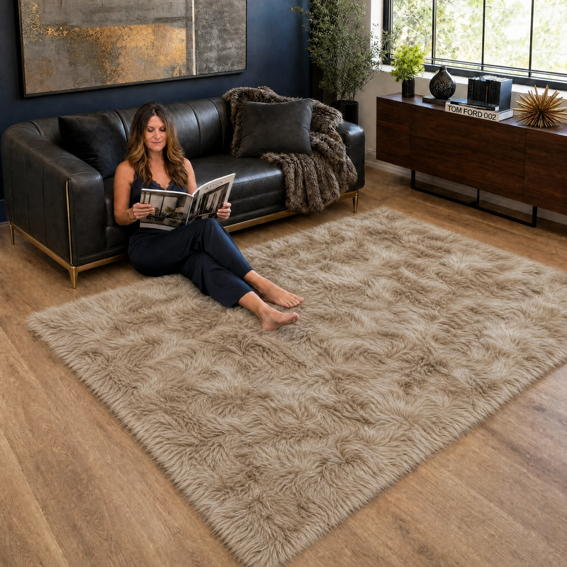 Ultra-soft faux sheepskin area rug in white placed in living room beside armchair