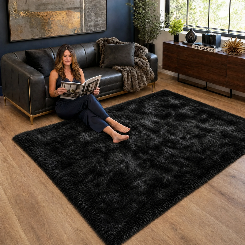 Ultra-soft faux sheepskin area rug in white placed in living room beside armchair