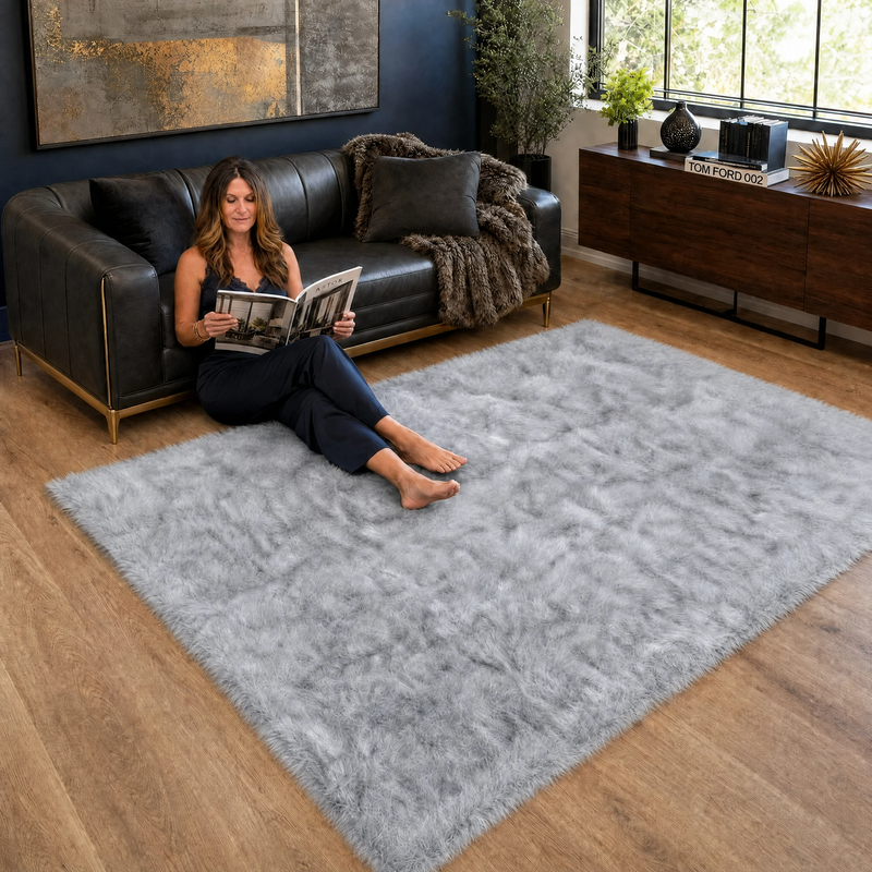 Ultra-soft faux sheepskin area rug in white placed in living room beside armchair
