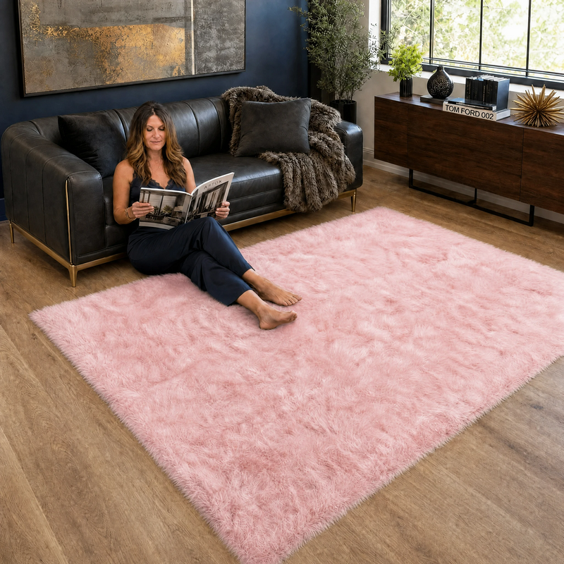 Ultra-soft faux sheepskin area rug in white placed in living room beside armchair