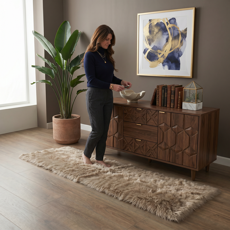Ultra-soft faux sheepskin area rug in white placed in living room beside armchair
