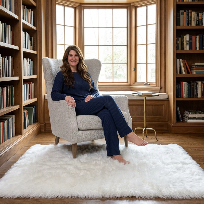 Ultra-soft faux sheepskin area rug in white placed in living room beside armchair