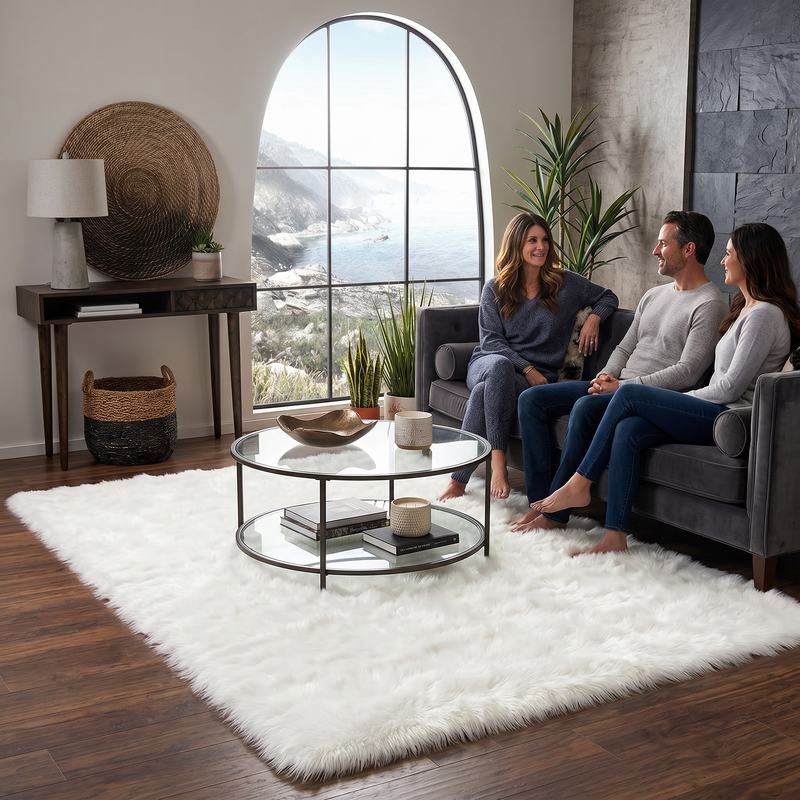 Ultra-soft faux sheepskin area rug in white placed in living room beside armchair