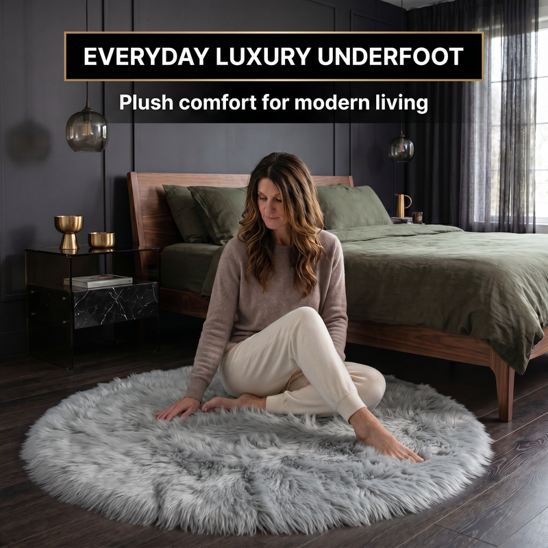 Faux sheepskin rug in nursery setting — soft fluffy area rug for kids' room