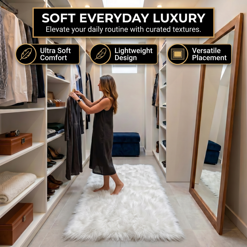 Faux sheepskin rug in nursery setting — soft fluffy area rug for kids' room