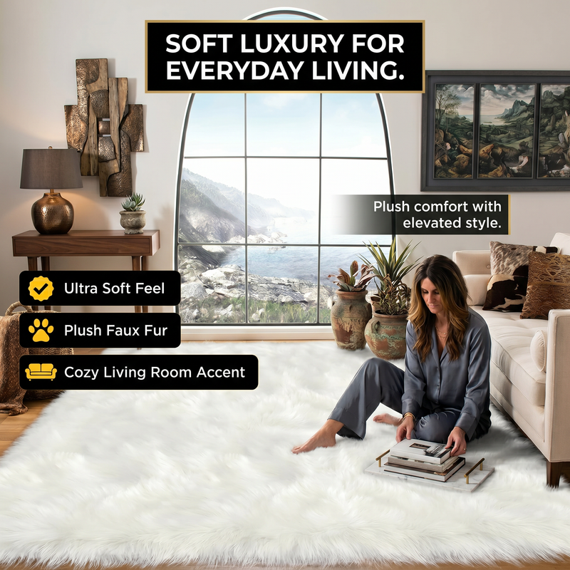 Faux sheepskin rug in nursery setting — soft fluffy area rug for kids' room