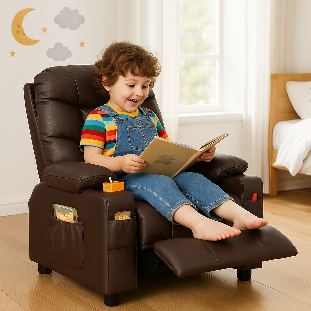 Premium PU Leather Kids Recliner Chair with Dual Cup Holders & Storage Pockets - Ergonomic Youth Furniture with 130° Recline